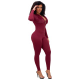 Solid Color Rib Flannel Zipper Casual Sexy Jumpsuit