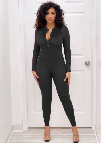 Solid Color Rib Flannel Zipper Casual Sexy Jumpsuit