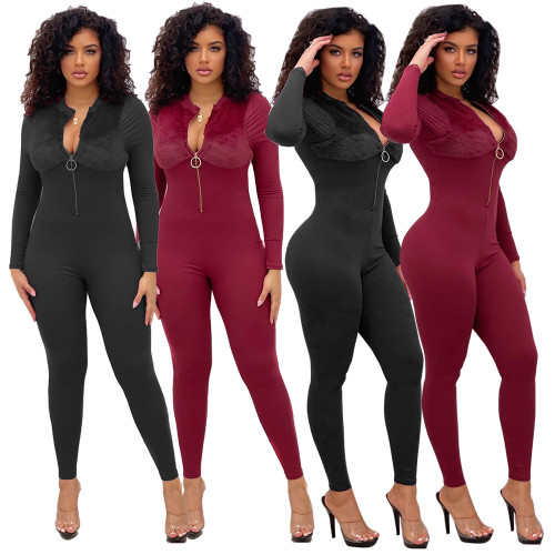 Solid Color Rib Flannel Zipper Casual Sexy Jumpsuit