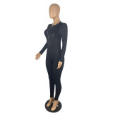 Solid Color Rib Flannel Zipper Casual Sexy Jumpsuit