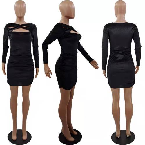 Autumn Solid Velvet Cutout Long Sleeve Mini Bodycon Dress