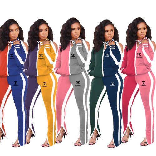 Womens Color Contrast Stripe Zipper 2 Piece Hoodies Sweatshirt & Wide Leg Slit Pants