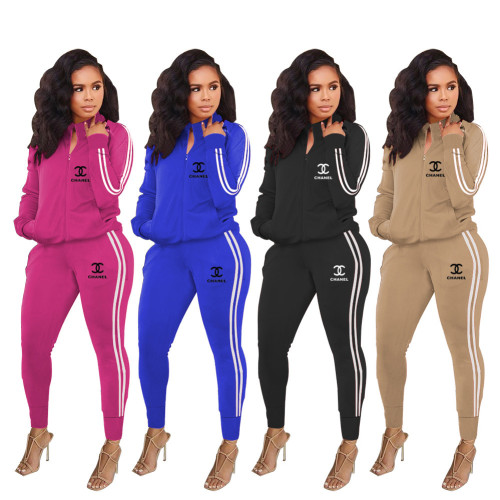 Casual Striped Patchwork Women's Tracksuit Long Sleeve Zipper Track Jacket + Pants Two 2 Piece Outfit Set