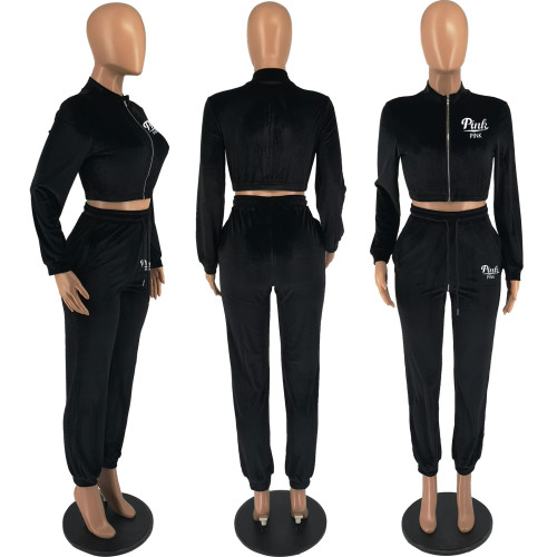 Fashion Korean Velvet Zipper Long Sleeve Sweatshirt Top Trousers Two Pieces Sets