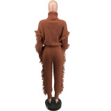 Solid Color Fashion Knit High Neck Tassel Sweater Pant Set