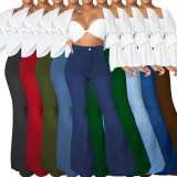 Fashionable Stitching Washed Denim Stretch Flared Pants