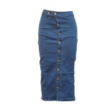 Women's High Waist Slit Denim Skirts Button Down Irregular Slim Washed Cotton Casual Denim Jean Skirts