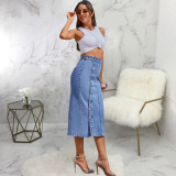 Women's High Waist Slit Denim Skirts Button Down Irregular Slim Washed Cotton Casual Denim Jean Skirts