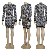Autumn Fashion Long Sleeve Printed O Neck Mini Bodycon Dresses