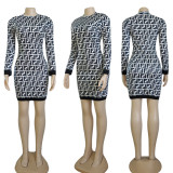 Autumn Fashion Long Sleeve Printed O Neck Mini Bodycon Dresses