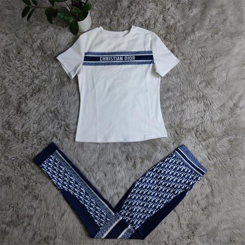 Fashion Short Sleeve Printed Blouse + Trousers Two Pieces