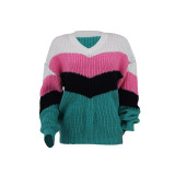 Solid Patchwork Striped Long Sleeve Knit Sweater Top