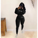 Womens 2 Piece Outfit Clubwear Letter Embroidered Crop Top Bodycon Long Tight Leggings Set Tracksuit Sweatsuit
