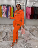 Casual Sport Solid Color Printed Hooded Sweatshirt And Pant Two Piece Set
