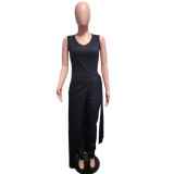 Casual Solid Patchwork O Neck Regular Jumpsuits with Single Shoulder Outwear