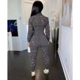 NEW Sexy Women's Hollow Out Long Sleeves Zipper Patchwork Club Outfits 2pcs