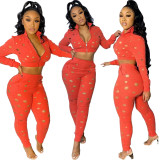 NEW Sexy Women's Hollow Out Long Sleeves Zipper Patchwork Club Outfits 2pcs