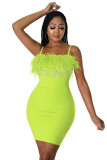 Women's Sexy Feather Beaded Party Dress Spaghetti Strap Bodycon Mini Dress Evening Club Wear