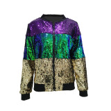 Ladies Multi Colour Sequin Glitter Club Dance Party Color Contrast Jacket