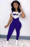 Valentine's Day Cute Sexy Printed Short Sleeve Shirt Bodycon Plaid Straps Jumpsuit 2pcs