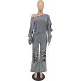 Elegant Cutout Holed Women's Set Long Sleeve Sweatshirt and Jogger Pants Set