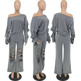 Elegant Cutout Holed Women's Set Long Sleeve Sweatshirt and Jogger Pants Set