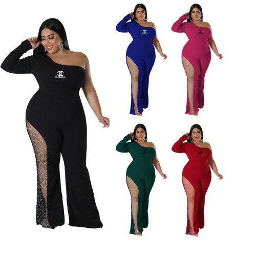Wholesale Plus Size Women's Clothing Hot Diamond One Shoulder Jumpsuit