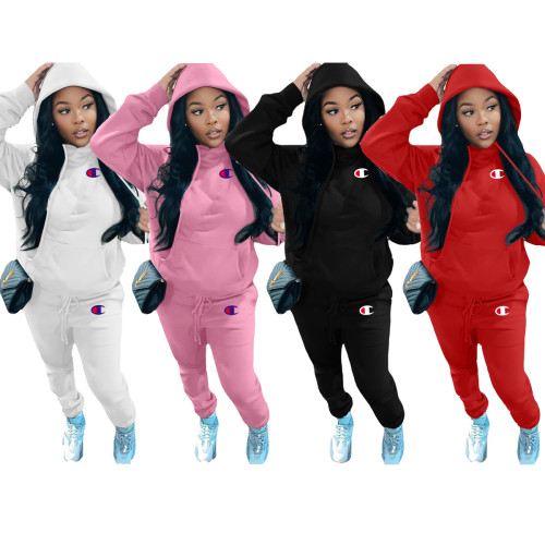 Casual Offset Printed Thickened Plus Fleece Hooded Sweatshirt & Trousers Pant Set