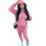 Casual Offset Printed Thickened Plus Fleece Hooded Sweatshirt & Trousers Pant Set