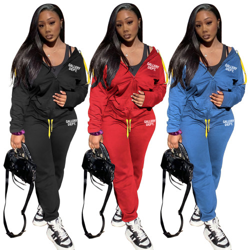 Casual Print Letter Long Sleeve Two Pieces Jogging Zipper Hoodie Set