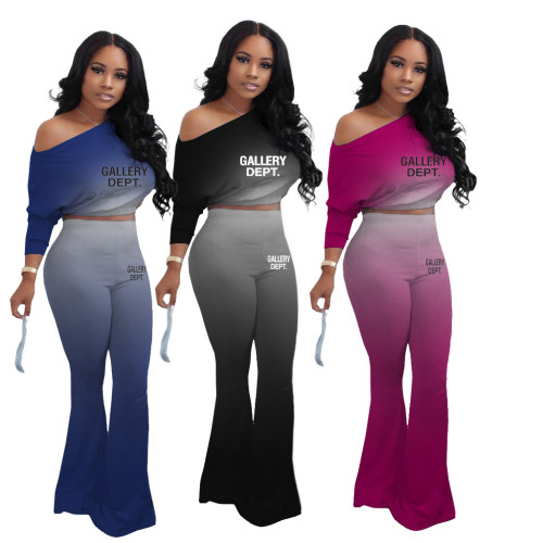Womens 2pcs Gradient Cold Shoulder Printed Cropped Tops Loose Long Flare Pants