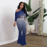 Womens 2pcs Gradient Cold Shoulder Printed Cropped Tops Loose Long Flare Pants