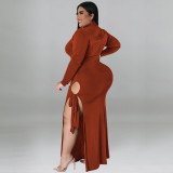 Plus Size Offset Printed Fall Clothing Sexy Hollow Out Split Long Maxi Dress