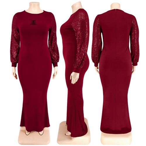 Fashion Sequins Patchwork Women Long Sleeve Evening Dress Autumn Clothes Maxi Plus Size Dresses
