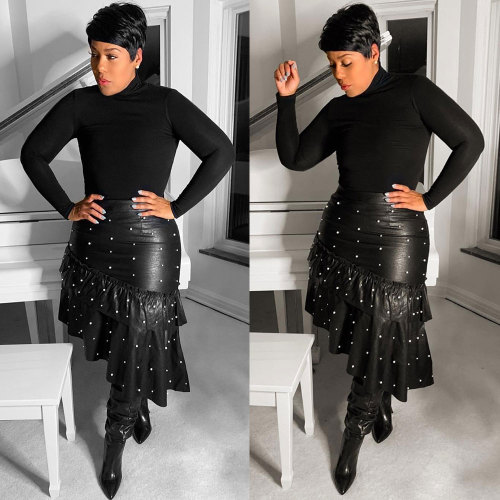 Women PU Leather Beaded Ruffle Asymmetric Hem Knee Length Black Skirt