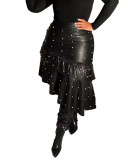 Women PU Leather Beaded Ruffle Asymmetric Hem Knee Length Black Skirt
