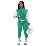 Color Block Jacket Single-Breasted Letter Print Baseball Jersey Tracksuit Two Pieces
