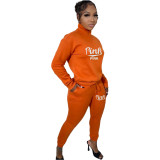 Casual Fleece Printed Letters Zipper Pullover High Neck Pant Set 2 Pieces