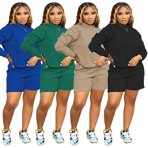 Solid Color Long Sleeve Round Neck Sweatshirt & Drawstring Shorts Two Piece Set