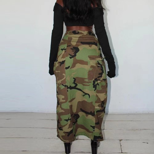 Camouflage Print Slit Irregular Long Tassel Skirts