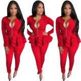 Women's 2 Piece Outfit Casual Solid Ruffles Open Front Blazer and Pencil Pant Suits Set