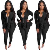 Women's 2 Piece Outfit Casual Solid Ruffles Open Front Blazer and Pencil Pant Suits Set