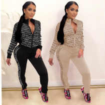 Casual Printed Two-piece Women Long Sleeve Zipper Jacket & Trousers