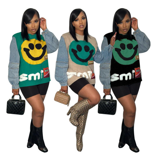 Autumn/Winter Denim Stitching Knitted Smiley Face Sweater