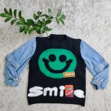 Autumn/Winter Denim Stitching Knitted Smiley Face Sweater