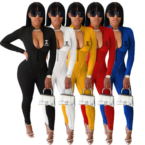 Casual Letter Pyrography Zipper One Piece Jumpsuit Sports Yoga Clothes