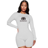 Casual Sports Offset Printed Ribbed Crew Neck One Piece Short Romper