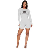 Casual Sports Offset Printed Ribbed Crew Neck One Piece Short Romper