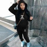 Casual Fleece Letter Print Drawstring Hoodie Sweatshirt & Sweatpants Sets