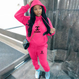 Casual Fleece Letter Print Drawstring Hoodie Sweatshirt & Sweatpants Sets